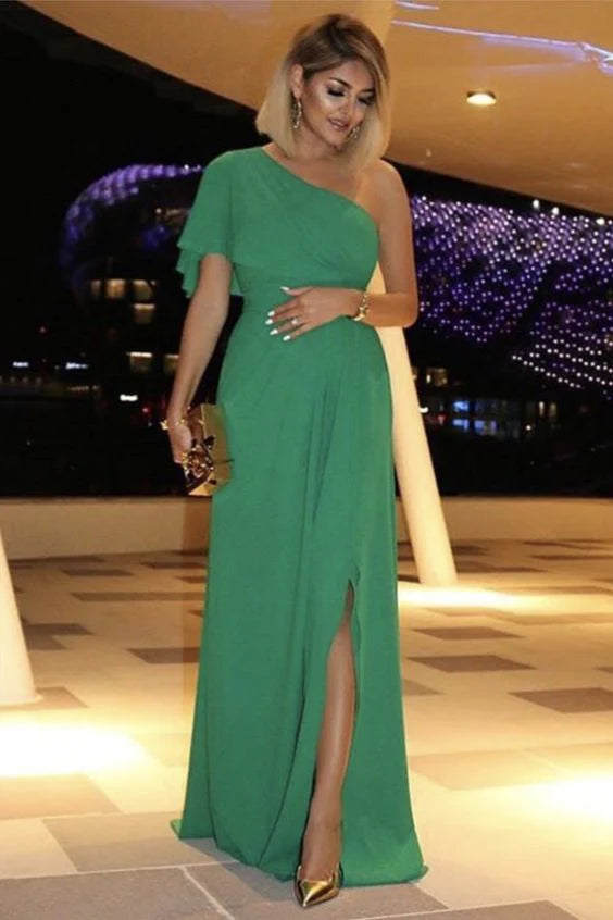 As Pic Chiffon One Shoulder Short Sleeves Slit Long Bridesmaid Dresses Weddings Prom Dress