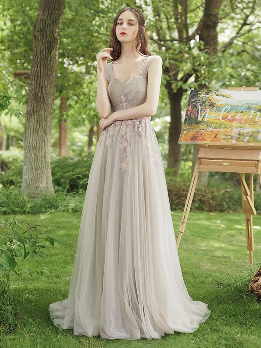 As Pic Fairy Tulle Lace With Applique  A-Line Floor Length Prom Dress Evening Party Dress