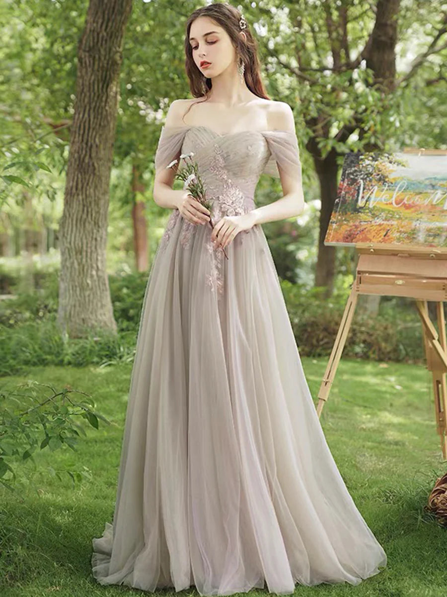 As Pic Fairy Tulle Lace With Applique  A-Line Floor Length Prom Dress Evening Party Dress