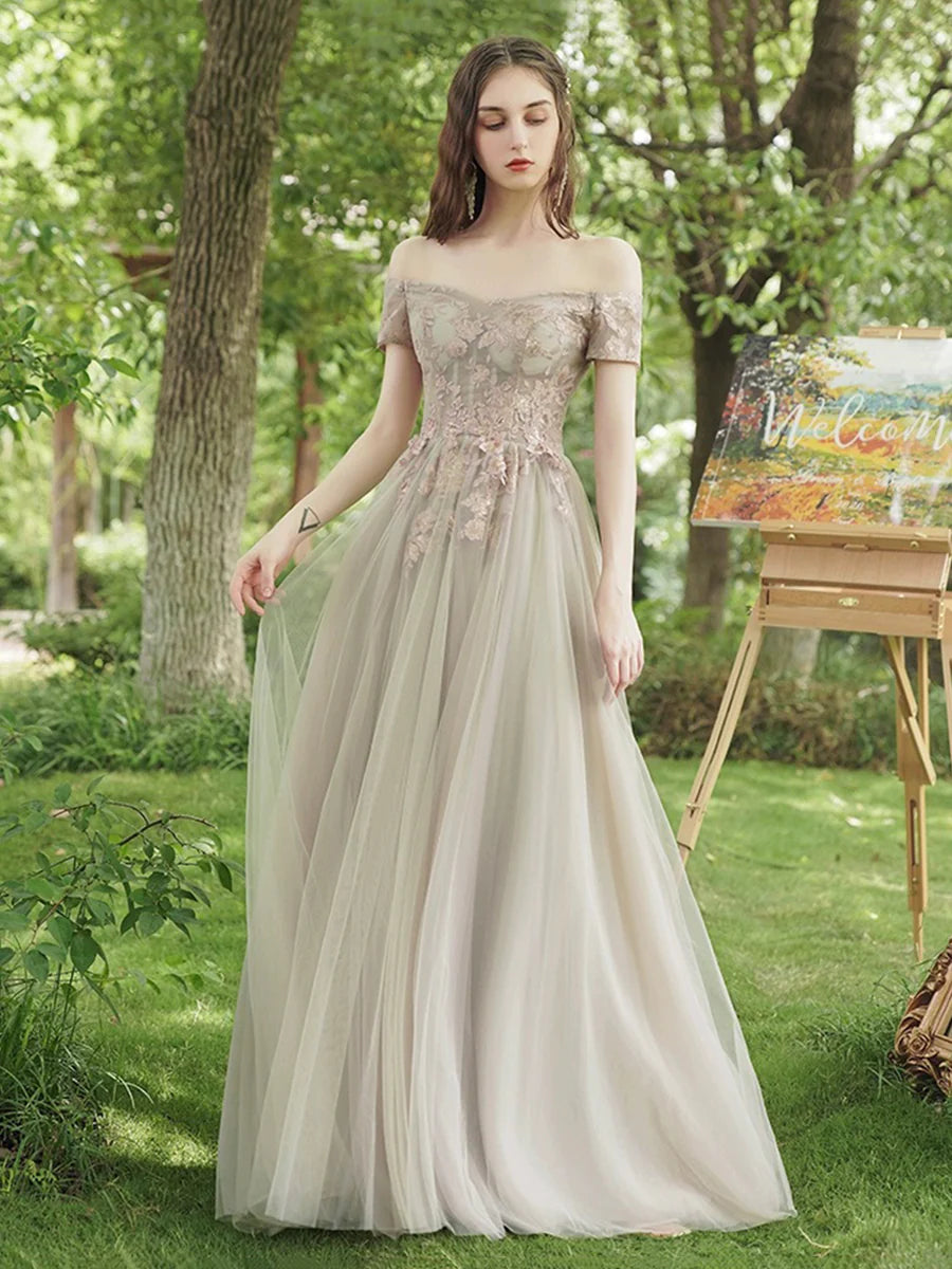 As Pic Fairy Tulle Lace With Applique  A-Line Floor Length Prom Dress Evening Party Dress