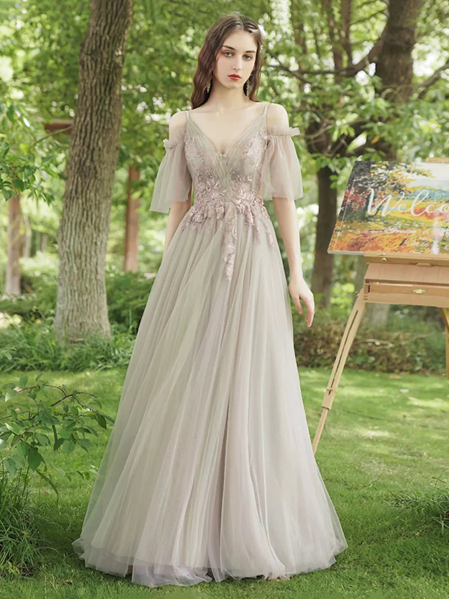 As Pic Fairy Tulle Lace With Applique  A-Line Floor Length Prom Dress Evening Party Dress