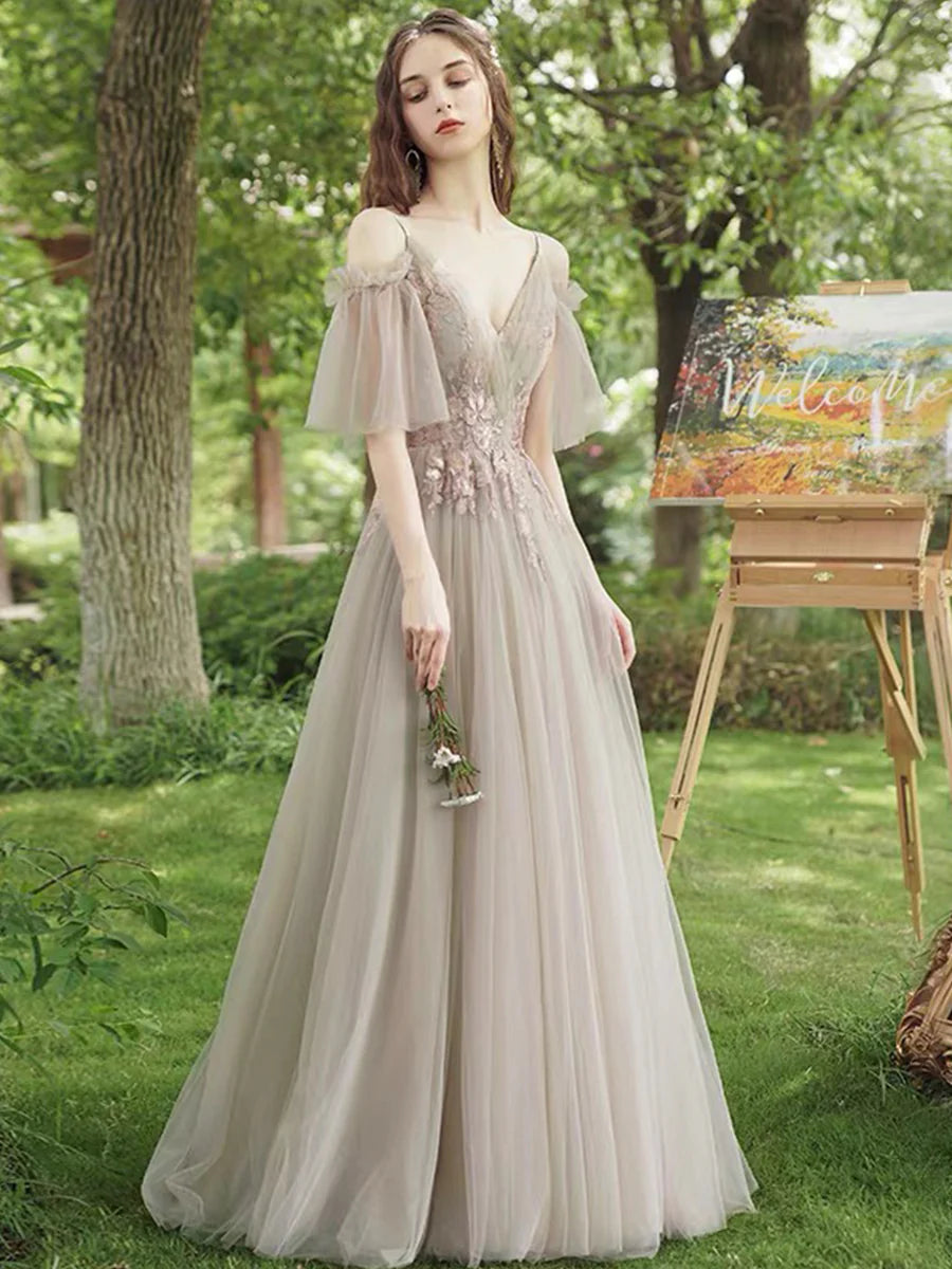 As Pic Fairy Tulle Lace With Applique  A-Line Floor Length Prom Dress Evening Party Dress