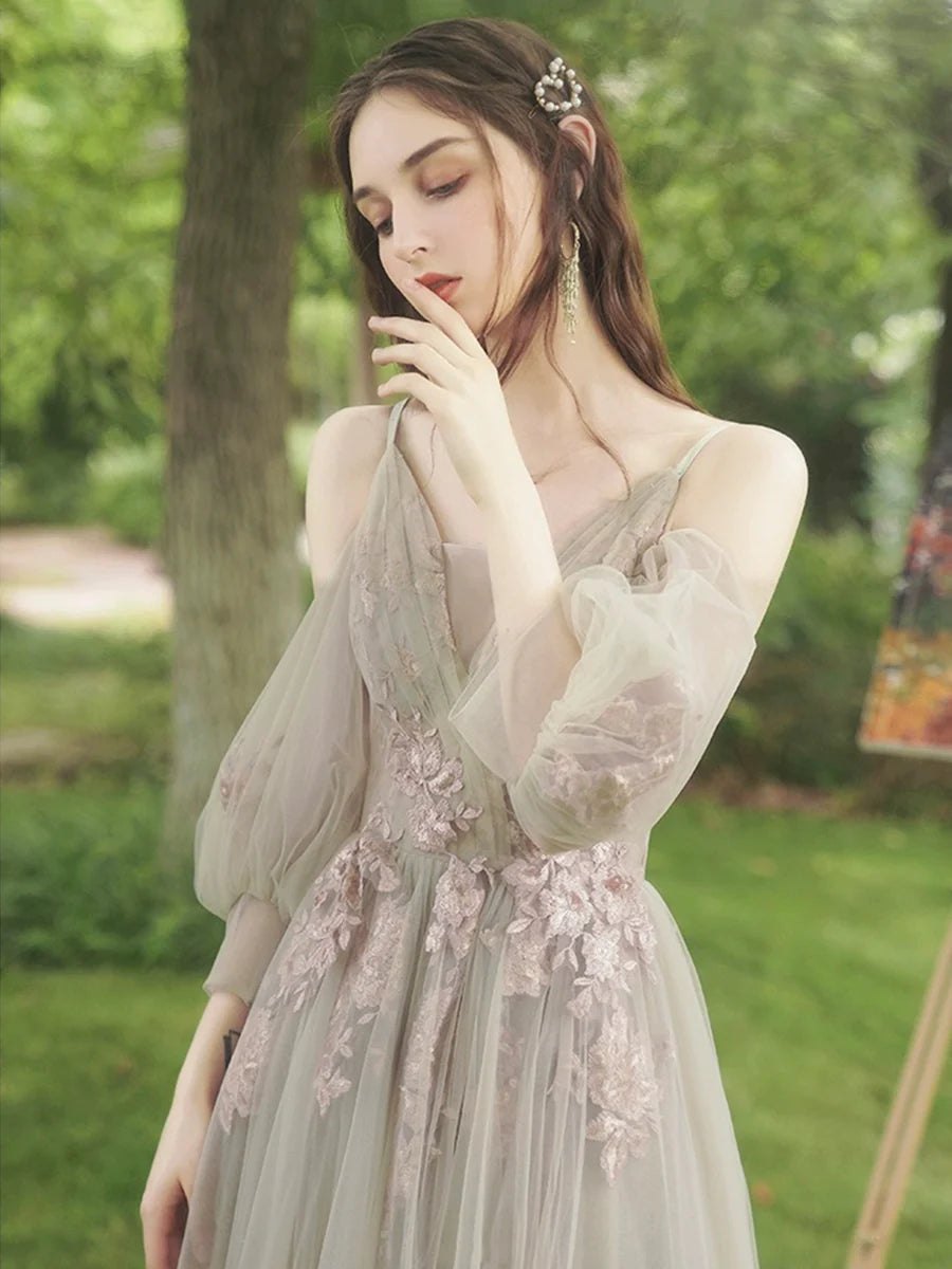 As Pic Fairy Tulle Lace With Applique  A-Line Floor Length Prom Dress Evening Party Dress