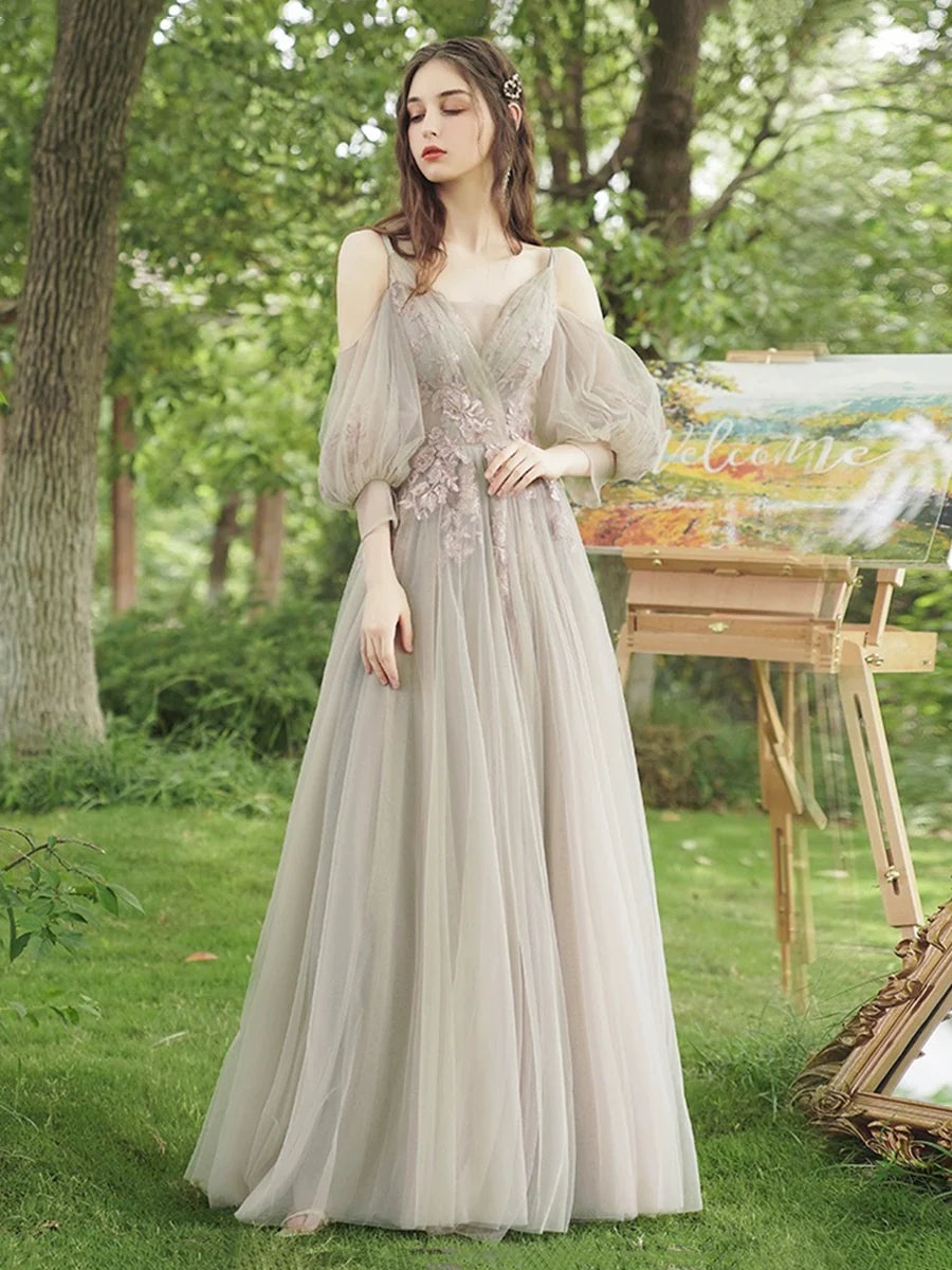 As Pic Fairy Tulle Lace With Applique  A-Line Floor Length Prom Dress Evening Party Dress