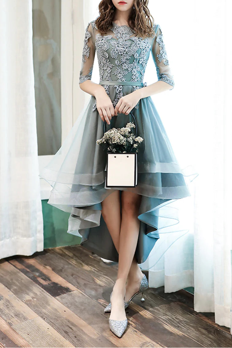 As Pic Lovely Lace O-Neck High Low Prom Dresses A-Line Homecoming Party Dresses With Applique