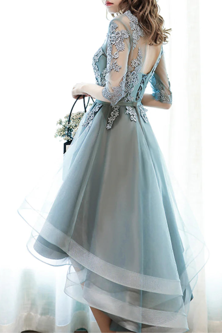 As Pic Lovely Lace O-Neck High Low Prom Dresses A-Line Homecoming Party Dresses With Applique