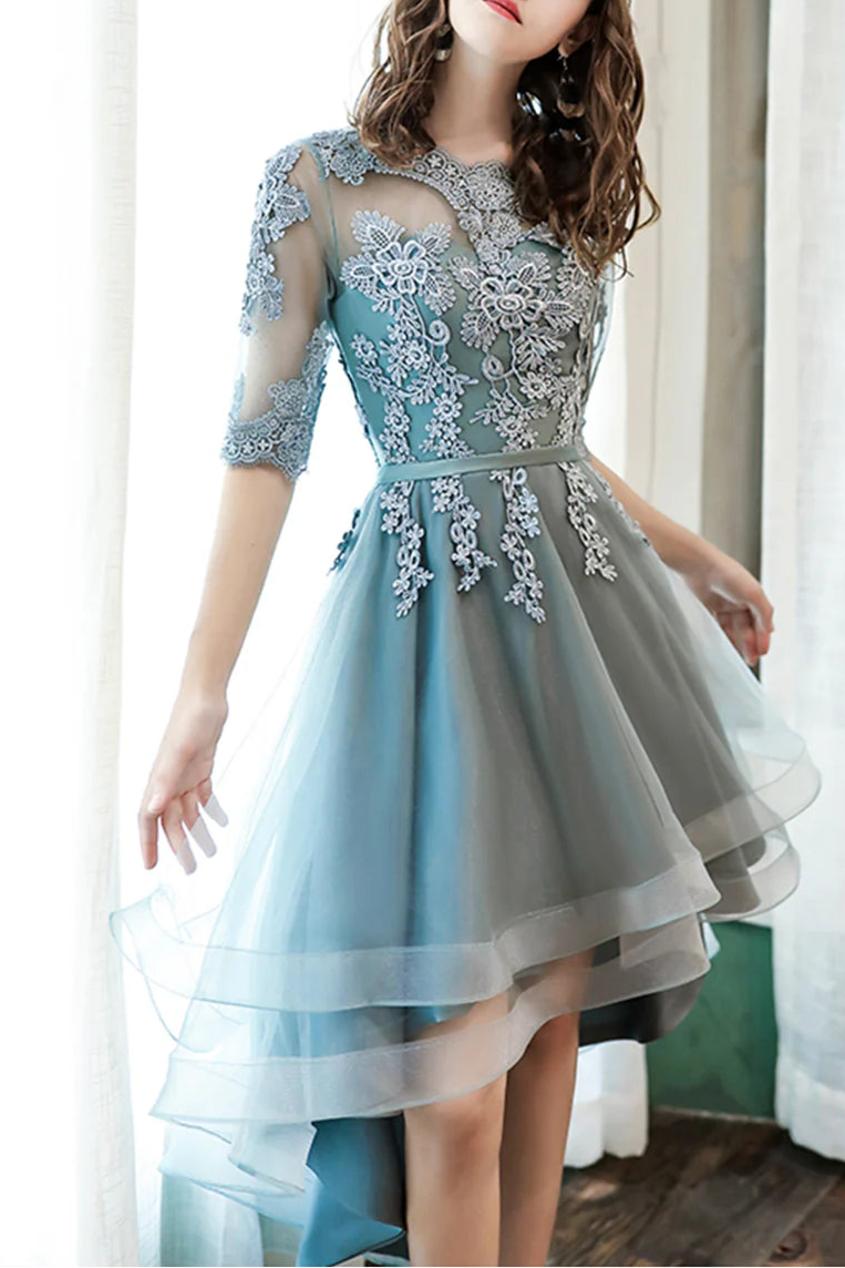 As Pic Lovely Lace O-Neck High Low Prom Dresses A-Line Homecoming Party Dresses With Applique