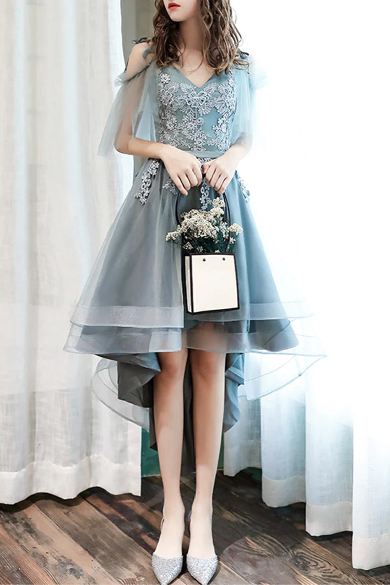 As Pic Lovely Lace V-Neck High Low Prom Dresses A-Line Homecoming Party Dresses With Applique