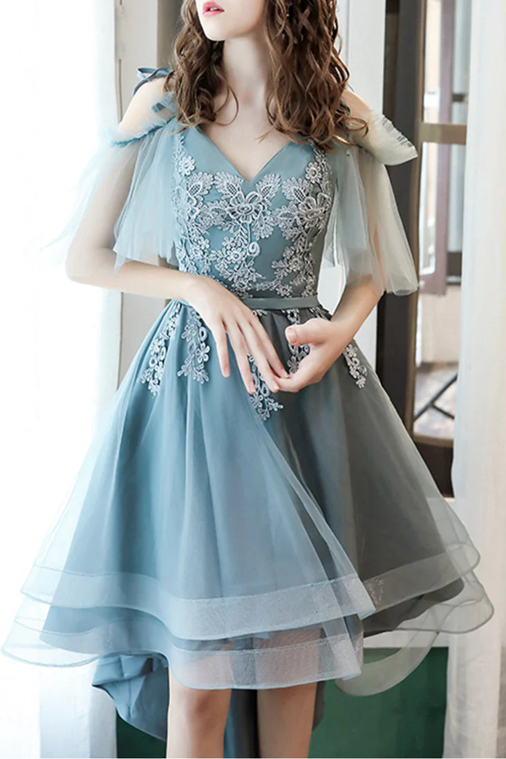As Pic Lovely Lace V-Neck High Low Prom Dresses A-Line Homecoming Party Dresses With Applique