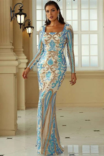 As Pic Print Square Neck Long Sleeve Sheath Evening Dress