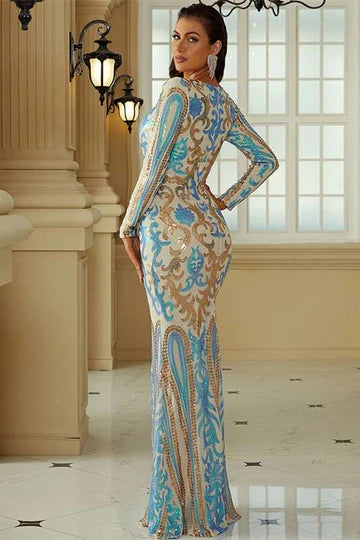 As Pic Print Square Neck Long Sleeve Sheath Evening Dress