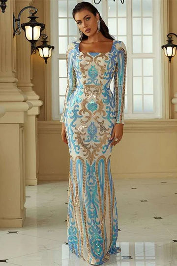 As Pic Print Square Neck Long Sleeve Sheath Evening Dress