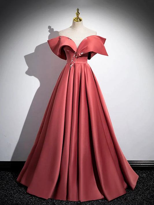 As Pic Satin Beaded Off Shoulder A-Line Floor Length Party Dress Prom Dress