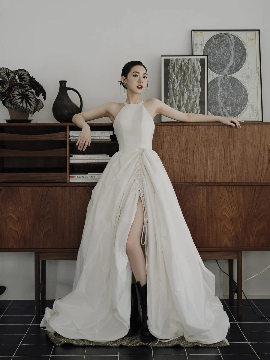 As Pic Satin Halter A-Line Long Prom Dress Evening Party Dress Wedding Dress