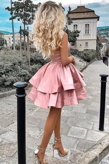 As Pic Satin One Shoulder A-Line Layered Sleeveless Short Homecoming Dress Party Dress
