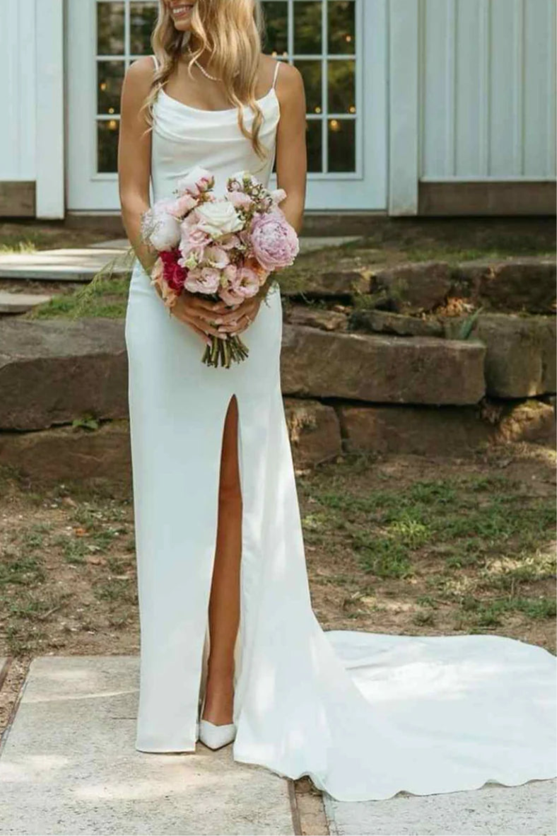 As Pic Satin Sleeveless Side Slit Mermaid Long Beach Wedding Dress With Train