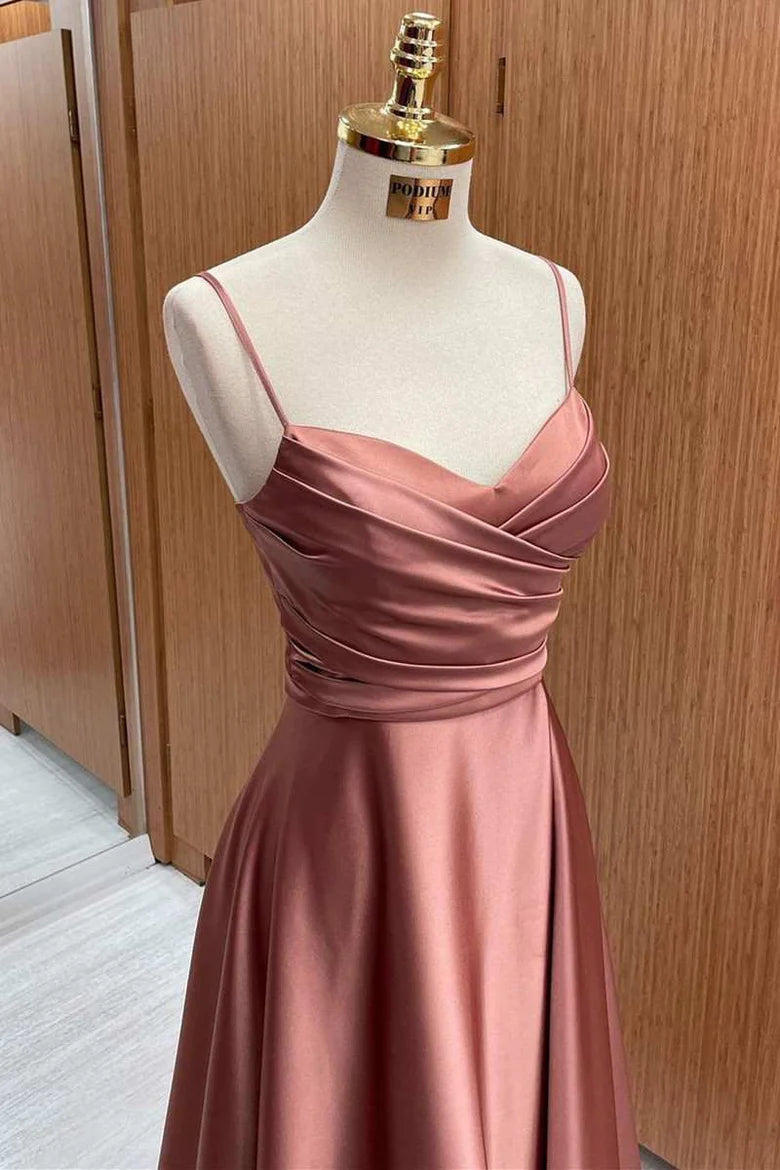 As Pic Satin Spaghetti Straps Pleated A-Line Bridesmaid Dress