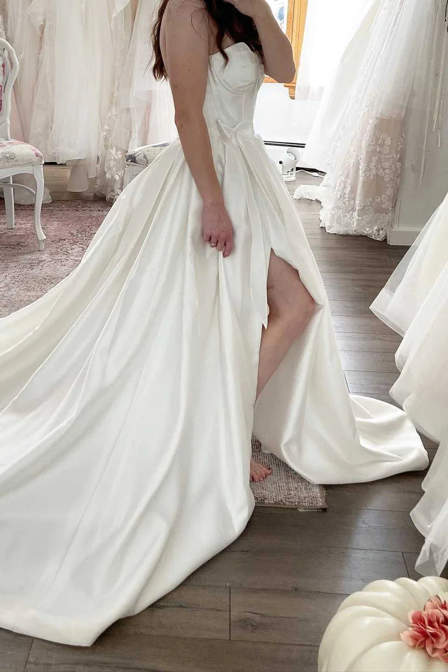 As Pic Satin Strapless Empire-Waist Sleeveless Split A-Line Long Wedding Dress With Train