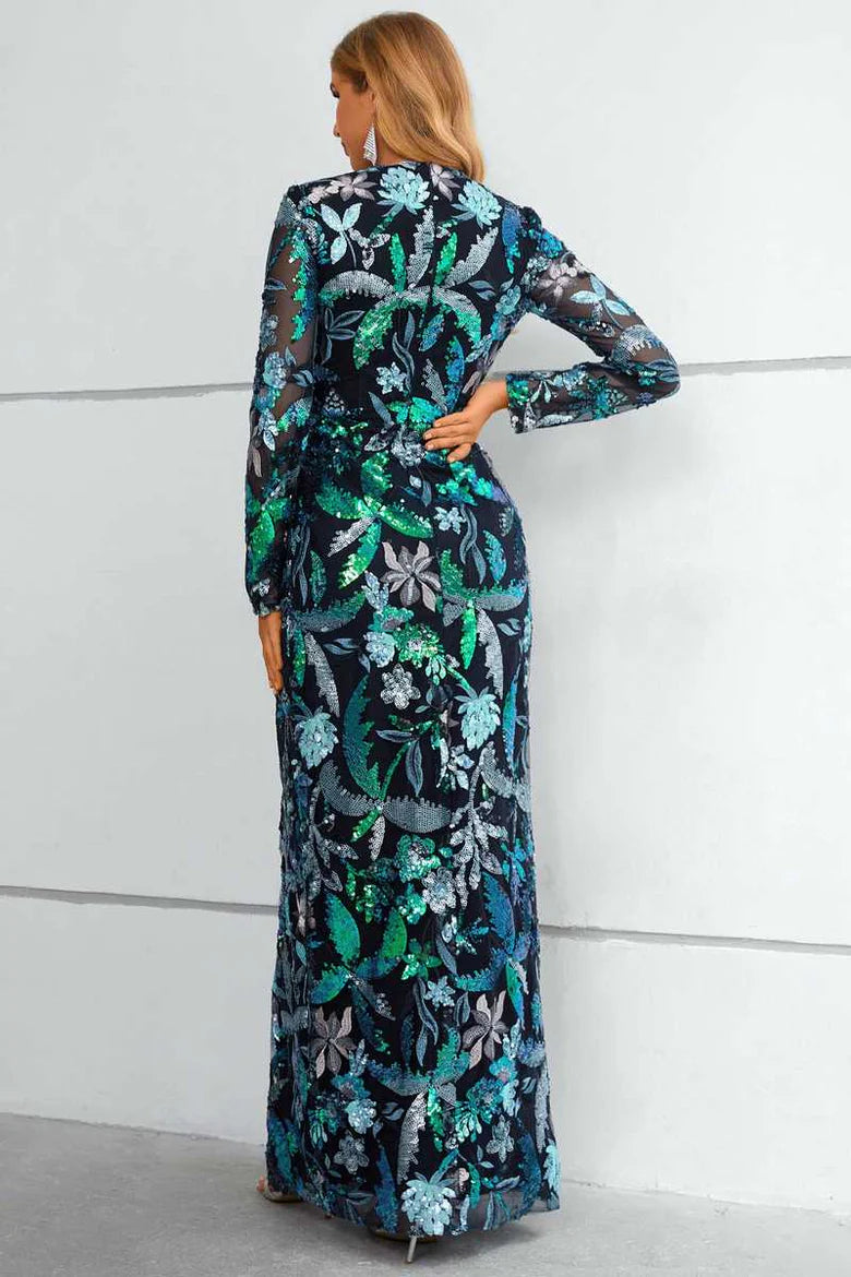 As Pic Sequins With Applique V-Neck Side Slits Long Sleeve Evening Dress