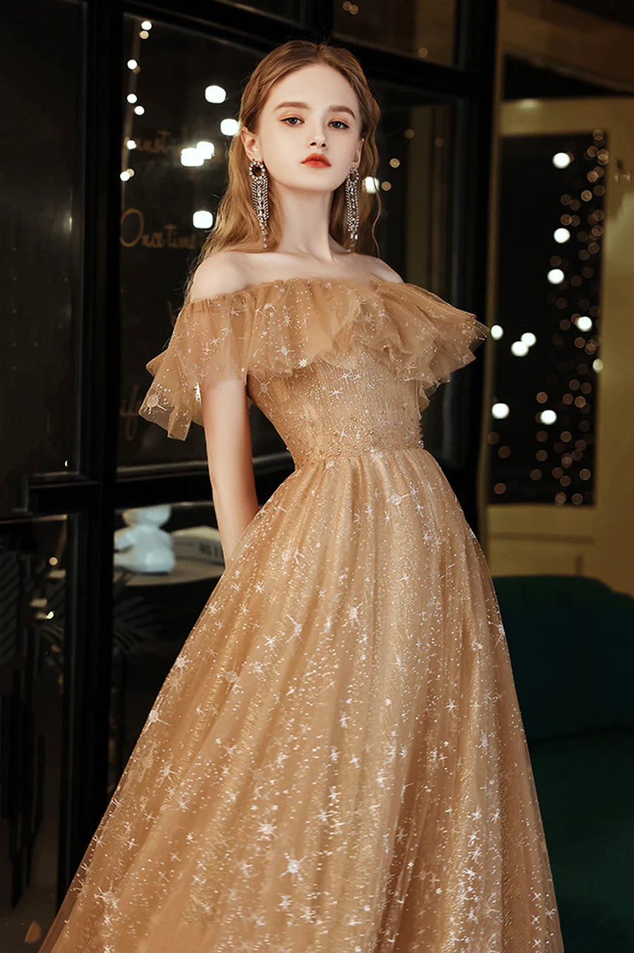 As Pic Shiny Tulle Off Shoulder A-Line Floor Length Prom Dress Evening Party Dress