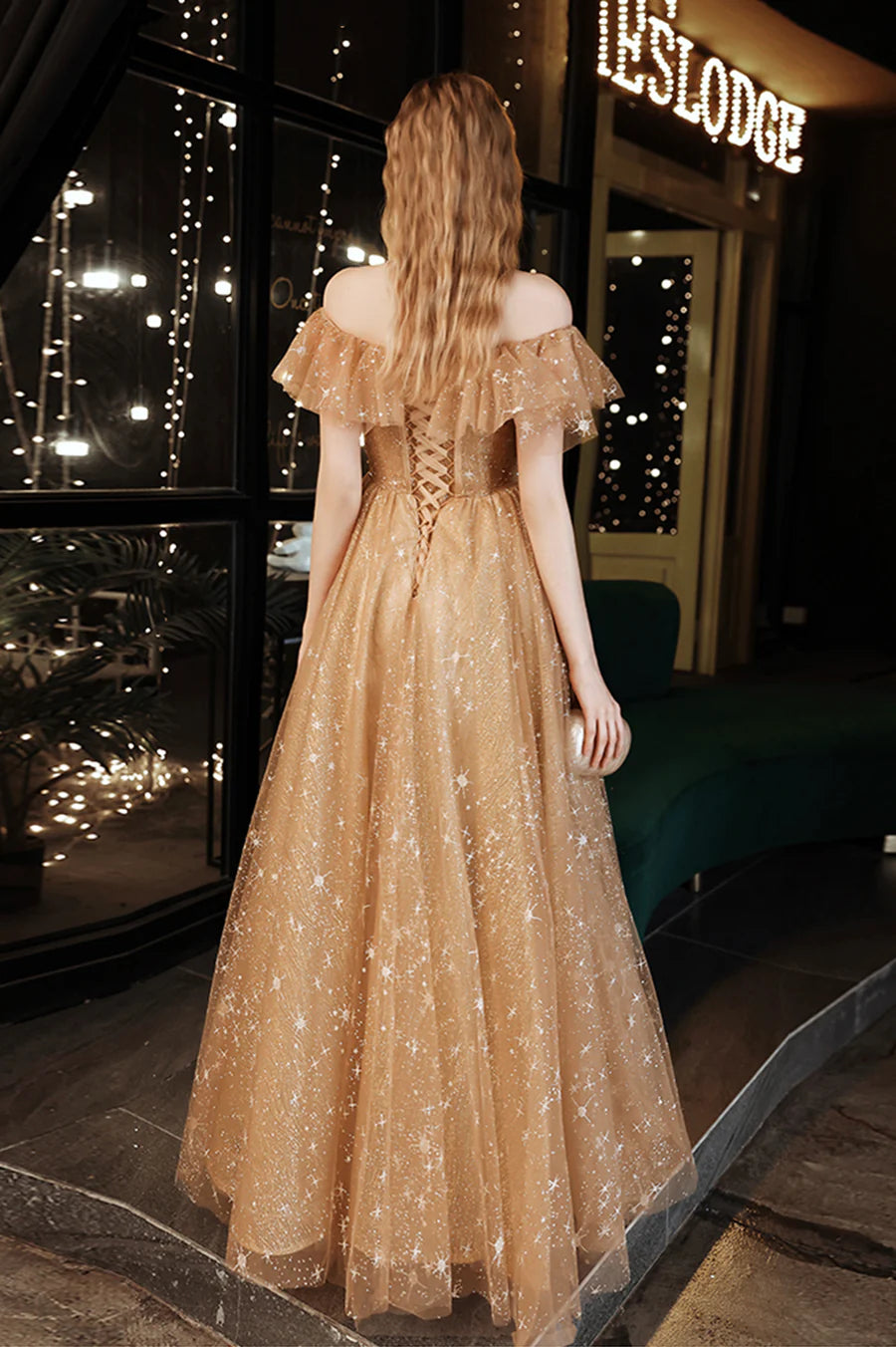 As Pic Shiny Tulle Off Shoulder A-Line Floor Length Prom Dress Evening Party Dress