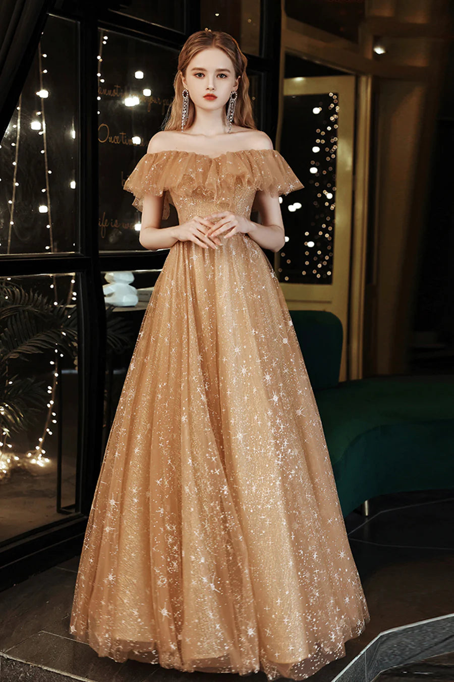 As Pic Shiny Tulle Off Shoulder A-Line Floor Length Prom Dress Evening Party Dress