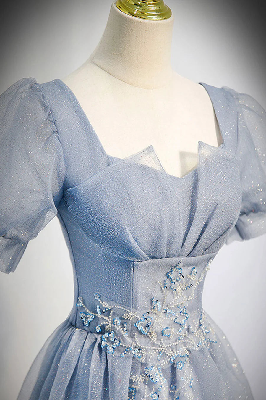 As Pic Tulle Applique Short Sleeve A-Line Long Prom Dresses Evening Party Dresses