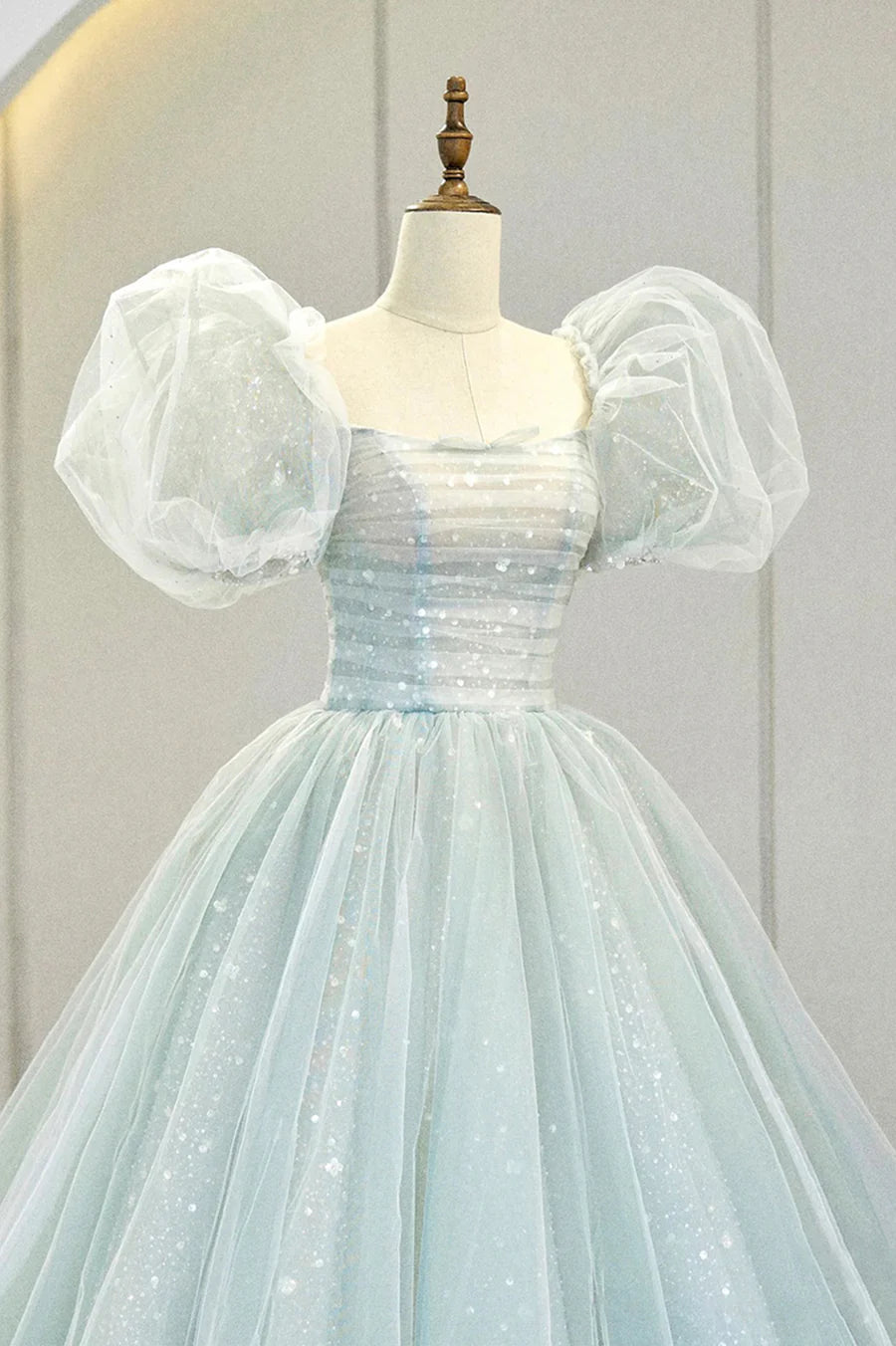 As Pic Tulle Pleated Puff Sleeve A-Line Long Formal  Gown Prom Dress Wedding Dress