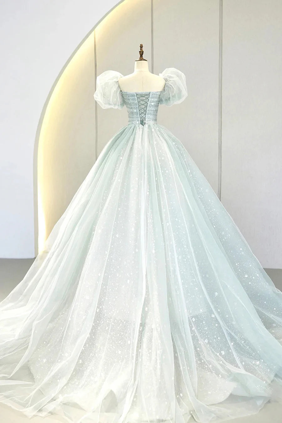 As Pic Tulle Pleated Puff Sleeve A-Line Long Formal  Gown Prom Dress Wedding Dress