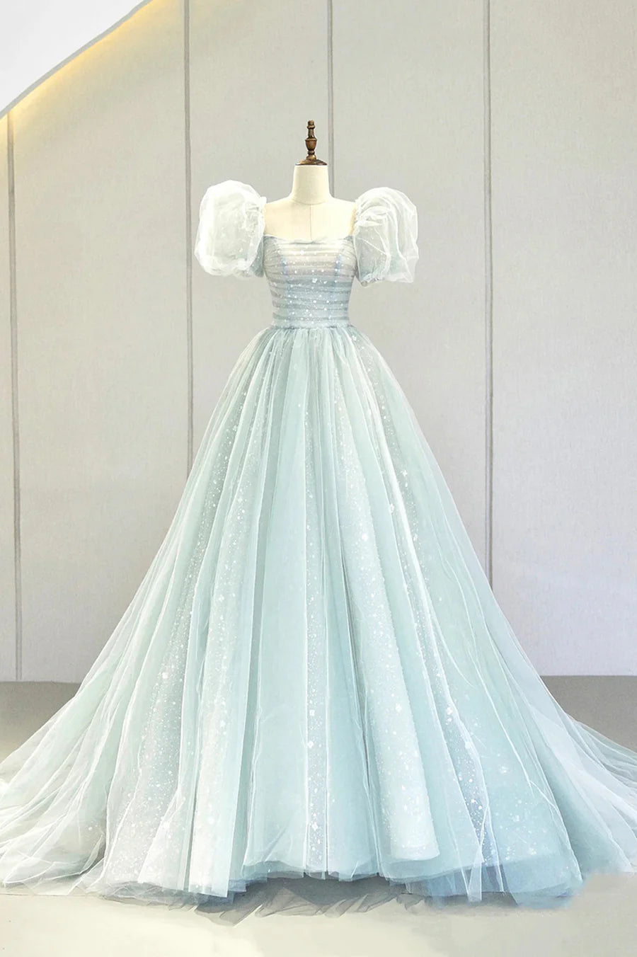 As Pic Tulle Pleated Puff Sleeve A-Line Long Formal  Gown Prom Dress Wedding Dress
