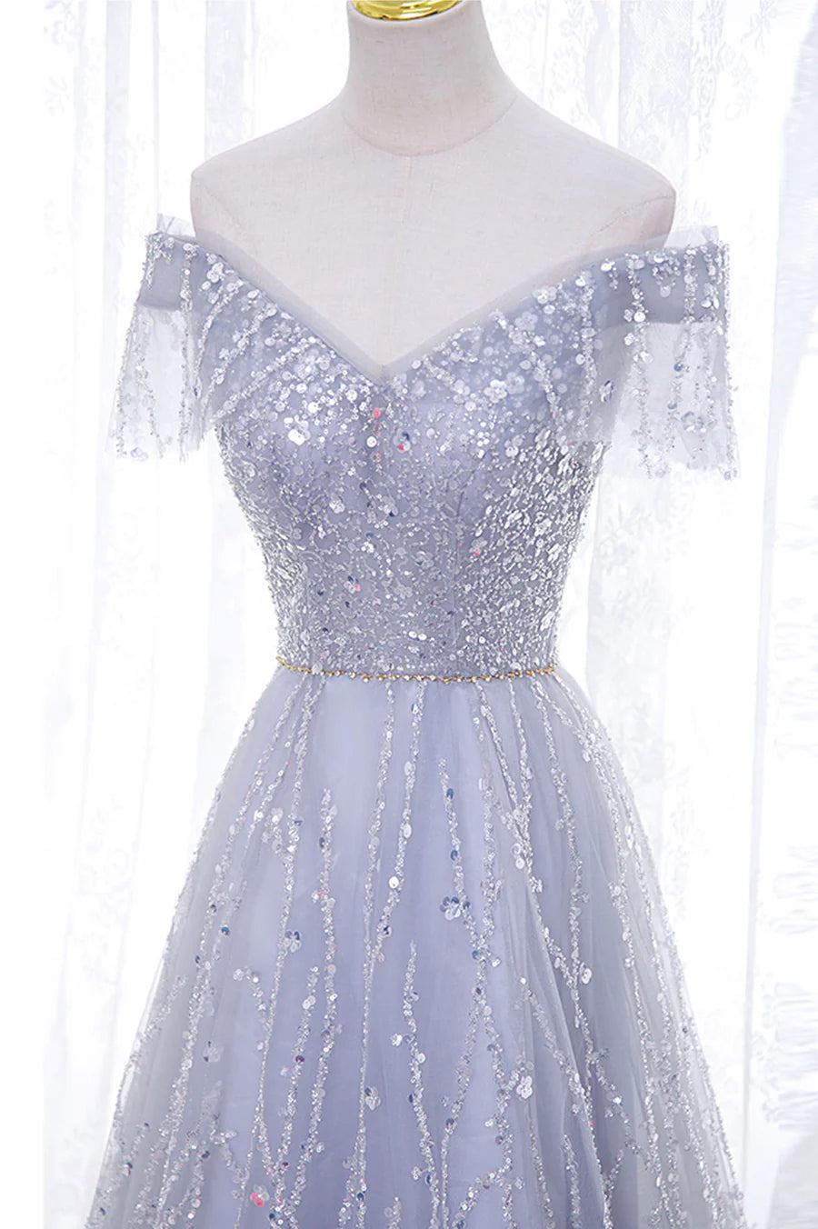 As Pic Tulle Sequins Off the Shoulder A-Line Long Prom Dress Evening Party Dress