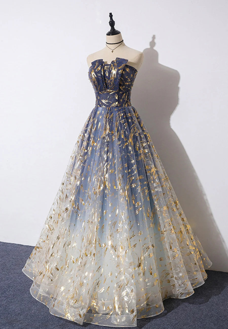 As Pic Tulle Strapless Pleated A-Line Long Prom Dress Evening Party Dress