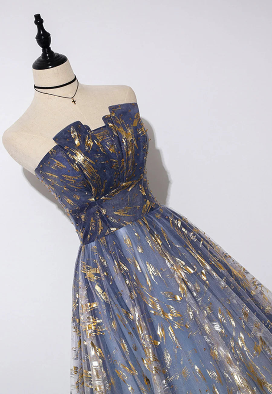 As Pic Tulle Strapless Pleated A-Line Long Prom Dress Evening Party Dress