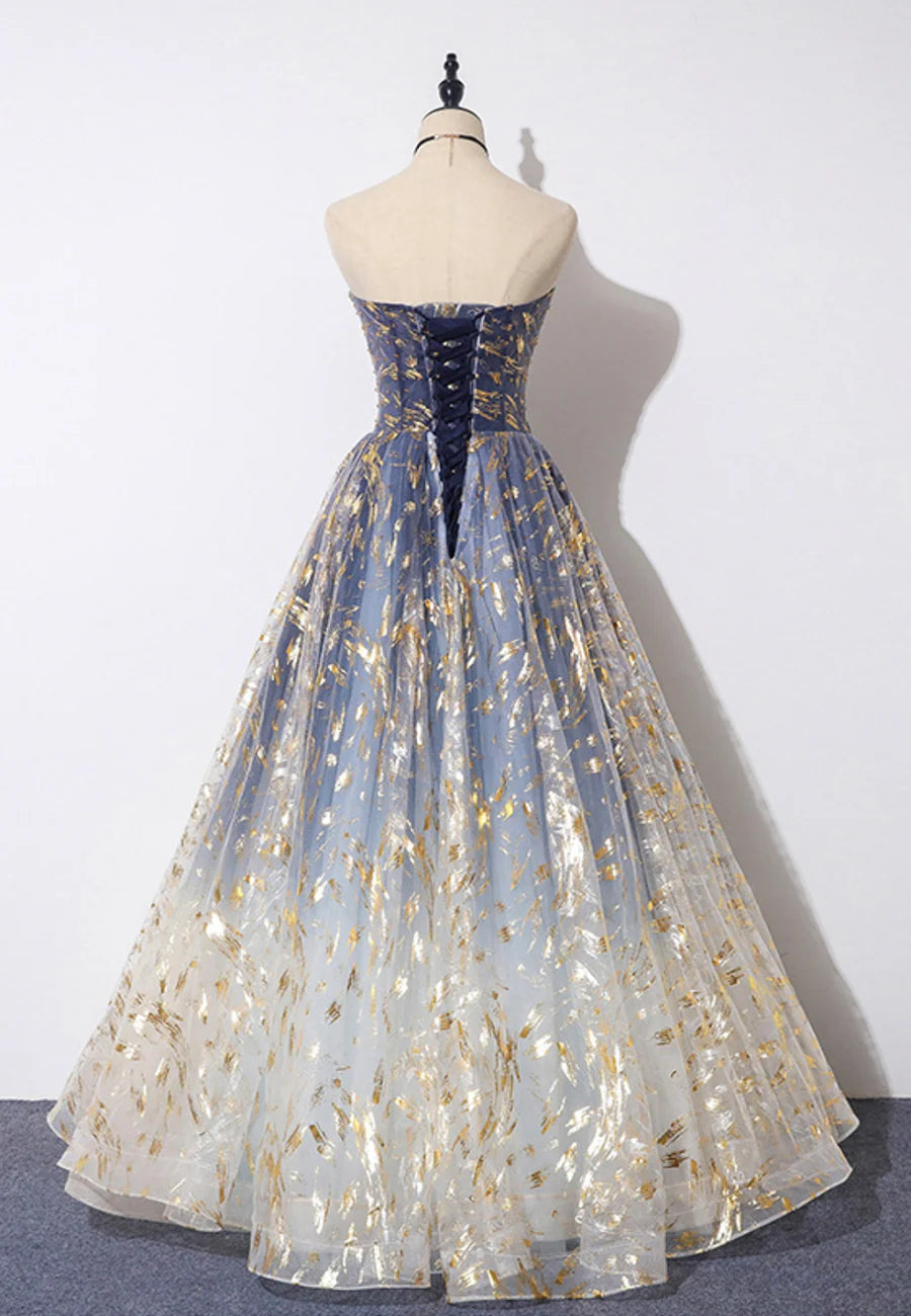 As Pic Tulle Strapless Pleated A-Line Long Prom Dress Evening Party Dress