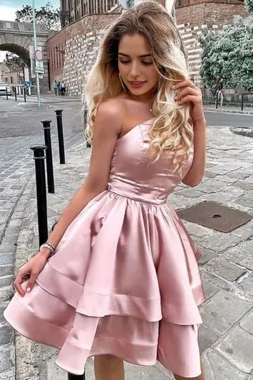 As Pic Satin One Shoulder A-Line Layered Sleeveless Short Homecoming Dress Party Dress