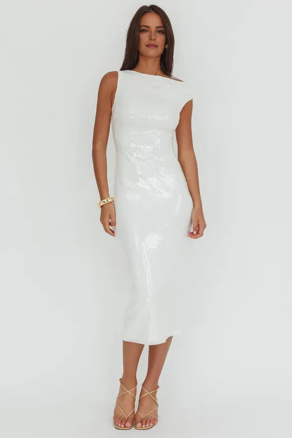 Asymmetric Neck Sequin White Tea-Length Prom Dress With Slit