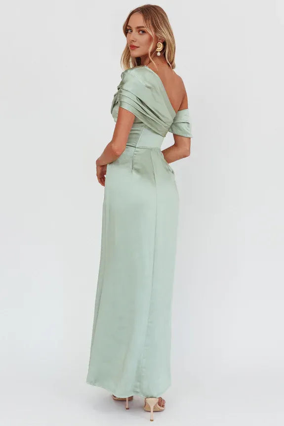 Asymmetric Neck Short Sleeves Pleated Split Sage Maxi Homecoming Dress Prom Dress