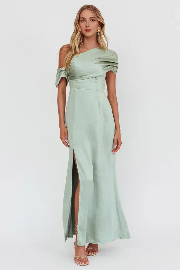 Asymmetric Neck Short Sleeves Pleated Split Sage Maxi Homecoming Dress Prom Dress
