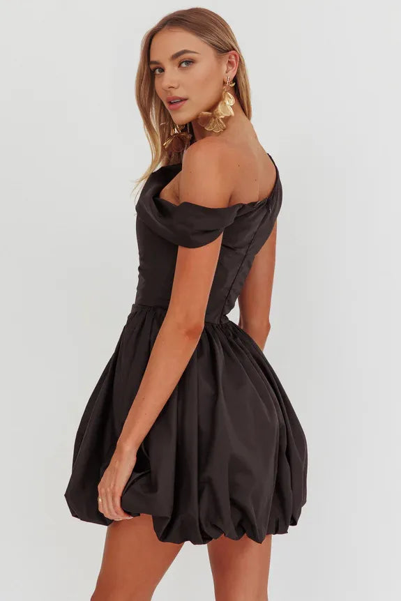 Asymmetric Neckline Balloon Black Mini Homecoming Dress With Bubble Hem
