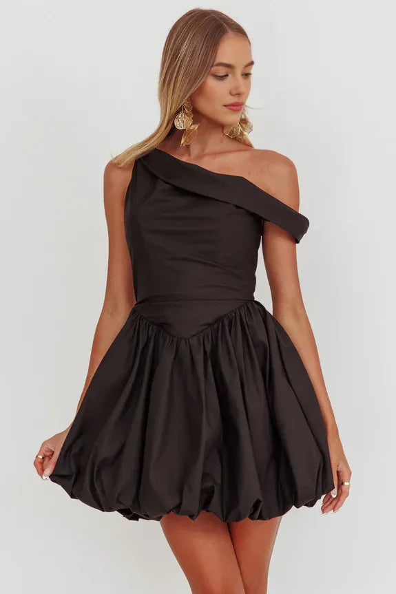 Asymmetric Neckline Balloon Black Mini Homecoming Dress With Bubble Hem