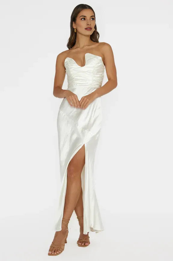 Asymmetric Neckline Corset Satin Pearl Maxi Evening Dress With Side Slit