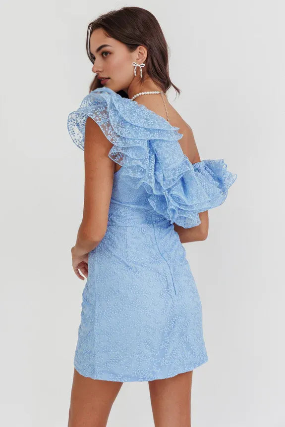 Asymmetric Shoulder Ruffle Gathered Textured Baby Blue Mini Homecoming Dress