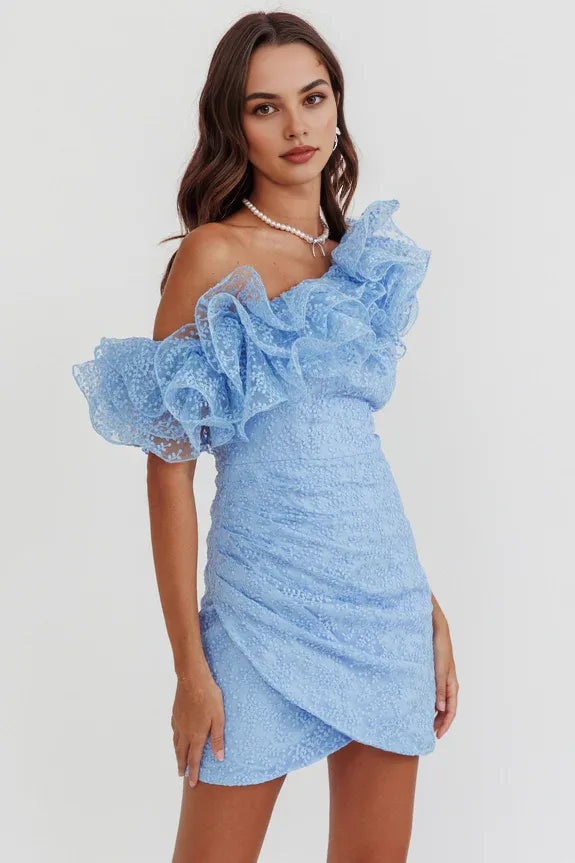 Asymmetric Shoulder Ruffle Gathered Textured Baby Blue Mini Homecoming Dress