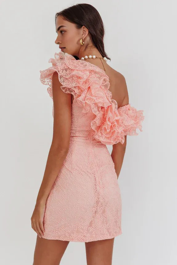 Asymmetric Shoulder Ruffle Gathered Textured Blush Mini Homecoming Dress