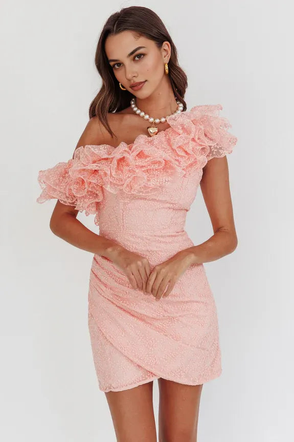 Asymmetric Shoulder Ruffle Gathered Textured Blush Mini Homecoming Dress