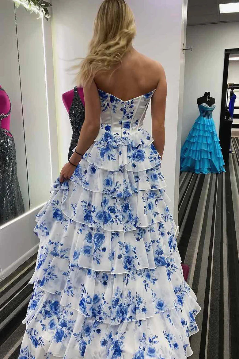 Asymmetrical Blue Strapless A-Line V-Neck Tiered Printing Long Prom Dress