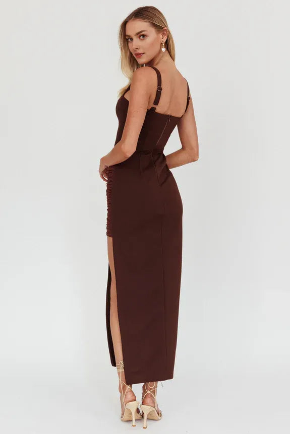 Asymmetrical Collar Split Ruched Chocolate Maxi Homecoming Dress Prom Dress