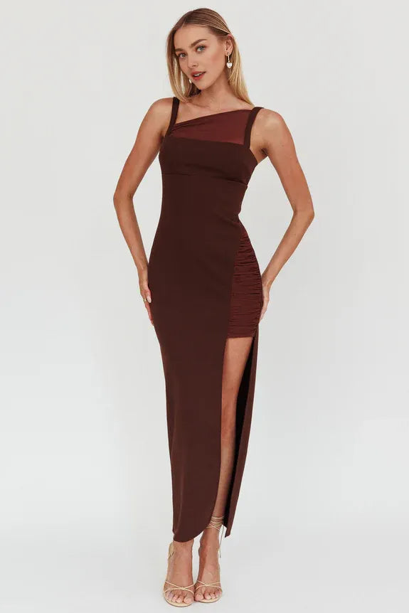 Asymmetrical Collar Split Ruched Chocolate Maxi Homecoming Dress Prom Dress
