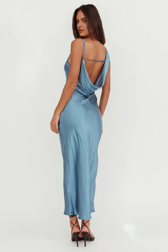 Asymmetrical Neck Cowl Back Satin Steel Blue Maxi Homecoming Dress Prom Dress