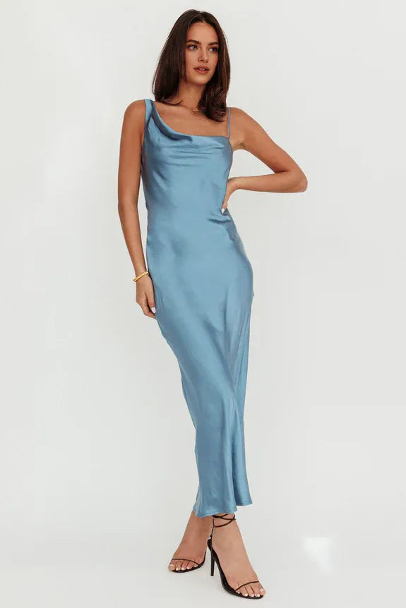 Asymmetrical Neck Cowl Back Satin Steel Blue Maxi Homecoming Dress Prom Dress